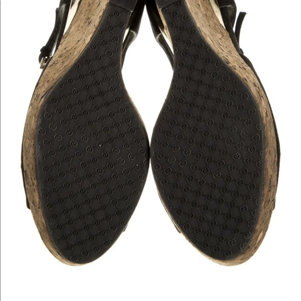 Gucci Black Suede Cork Wedge Sandals